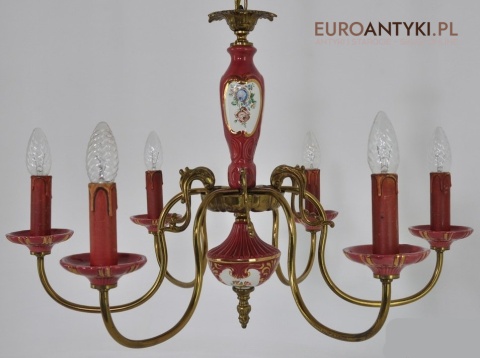 DUZY STARY ROZOWY ZYRANDOL Z PORCELANY I MOSIADZU