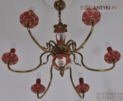 DUZY STARY ROZOWY ZYRANDOL Z PORCELANY I MOSIADZU