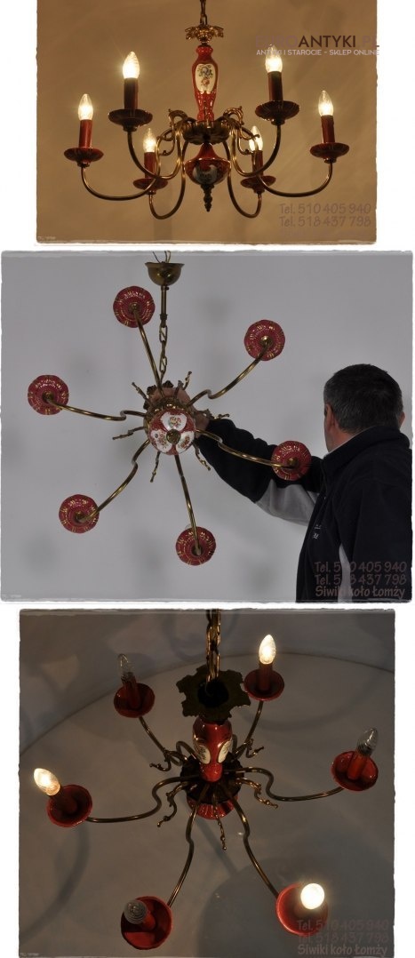 DUZY STARY ROZOWY ZYRANDOL Z PORCELANY I MOSIADZU