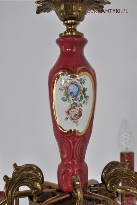 DUZY STARY ROZOWY ZYRANDOL Z PORCELANY I MOSIADZU