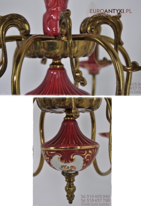 DUZY STARY ROZOWY ZYRANDOL Z PORCELANY I MOSIADZU