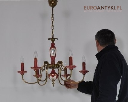 DUZY STARY ROZOWY ZYRANDOL Z PORCELANY I MOSIADZU