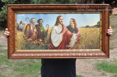 STARY OBRAZ Z JEZUSEM CHRYSTUSEM 100 LETNIE DREWNIANE RZEŻBIONE RAMY JEZUS CHRYSTUS Z WIERNYMI