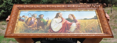 STARY OBRAZ Z JEZUSEM CHRYSTUSEM 100 LETNIE DREWNIANE RZEŻBIONE RAMY JEZUS CHRYSTUS Z WIERNYMI