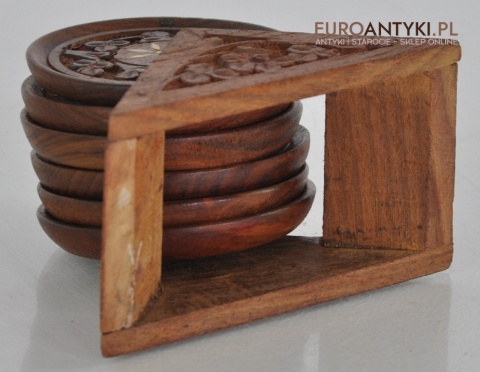 INTARSJONOWANE DREWNIANE PODSTAWKI POD FILIŻANKE SZKLANKE INTARSJE ANTYK