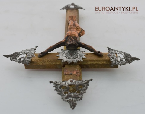 Wiktoriański krzyż z Jezusem. Chrystus ukrzyżowany. Prawdziwy antyk zabytek. INRI