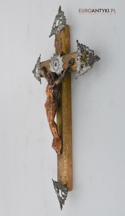 Wiktoriański krzyż z Jezusem. Chrystus ukrzyżowany. Prawdziwy antyk zabytek. INRI