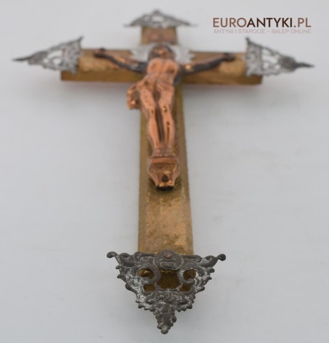 Wiktoriański krzyż z Jezusem. Chrystus ukrzyżowany. Prawdziwy antyk zabytek. INRI