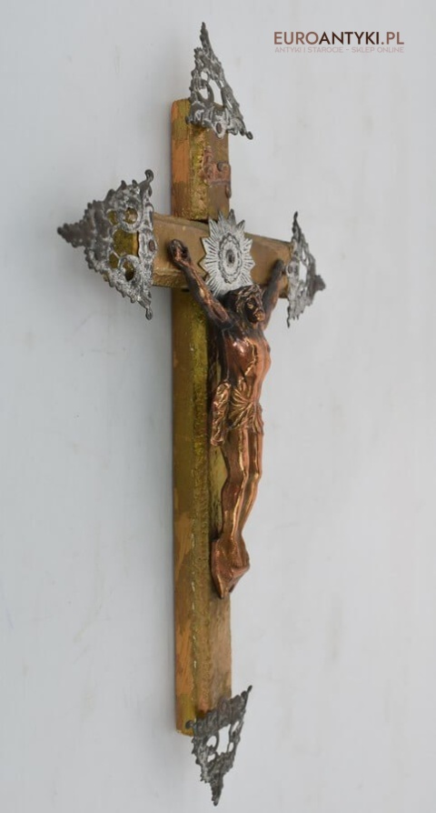 Wiktoriański krzyż z Jezusem. Chrystus ukrzyżowany. Prawdziwy antyk zabytek. INRI