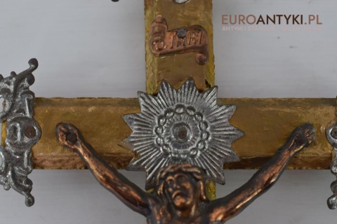 Wiktoriański krzyż z Jezusem. Chrystus ukrzyżowany. Prawdziwy antyk zabytek. INRI