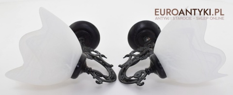 Para ciemno brązowych lamp ściennych dworkowe kinkiety z kloszami retro vintage