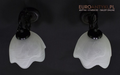 Para ciemno brązowych lamp ściennych dworkowe kinkiety z kloszami retro vintage