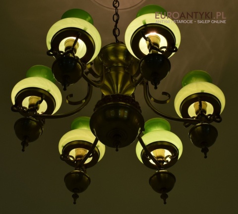 Empire żyrandol salonowy z zielonymi kloszami lampa Empir antyk