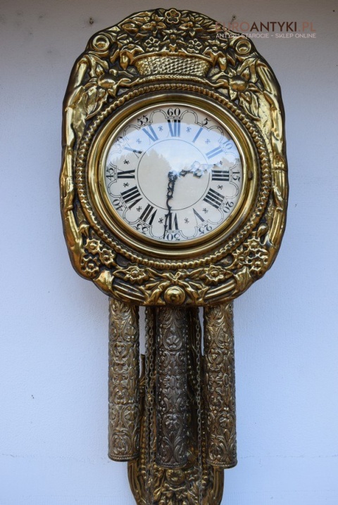 Francuski mosiężny zegar z dużym wahadłem antyk do pałacyku dworku