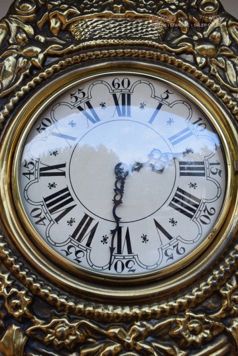 Francuski mosiężny zegar z dużym wahadłem antyk do pałacyku dworku