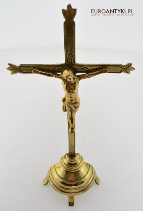 Mosiężna pasyjka z Jezusem Chrystusem stojący krzyżyk zabytkowy