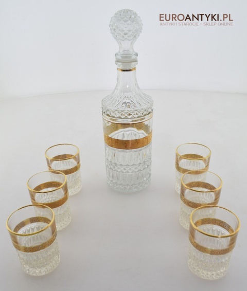 Antyk starodawny komplet kryształowy karafka i szklanki pozłacane do whisky burbona