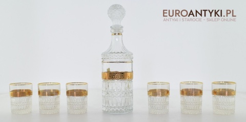 Antyk starodawny komplet kryształowy karafka i szklanki pozłacane do whisky burbona