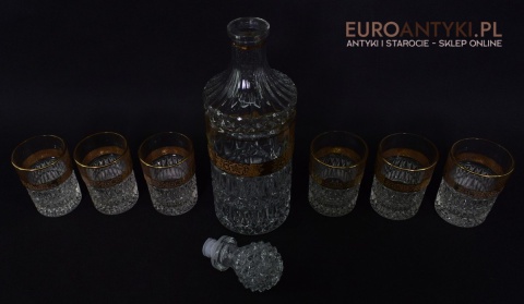 Antyk starodawny komplet kryształowy karafka i szklanki pozłacane do whisky burbona