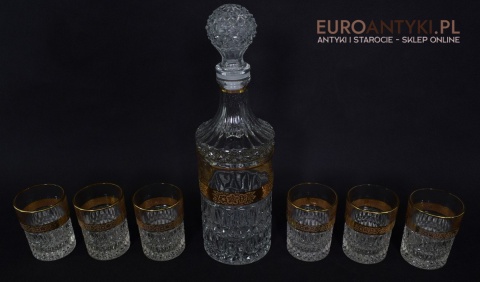 Antyk starodawny komplet kryształowy karafka i szklanki pozłacane do whisky burbona