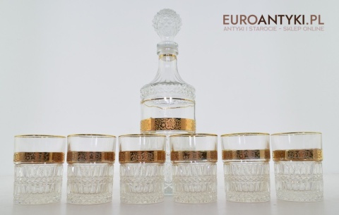 Antyk starodawny komplet kryształowy karafka i szklanki pozłacane do whisky burbona
