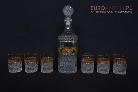 Antyk starodawny komplet kryształowy karafka i szklanki pozłacane do whisky burbona