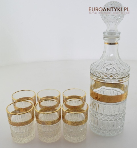 Antyk starodawny komplet kryształowy karafka i szklanki pozłacane do whisky burbona