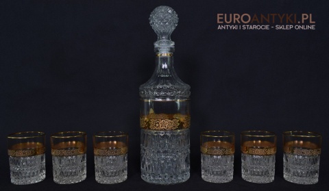 Antyk starodawny komplet kryształowy karafka i szklanki pozłacane do whisky burbona