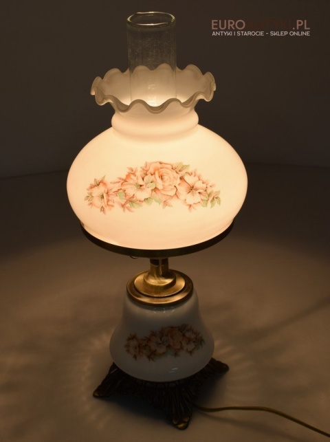 Wiktoriańska lampa nastalgiczna retro lampka stołowa szklana z kwiatkami