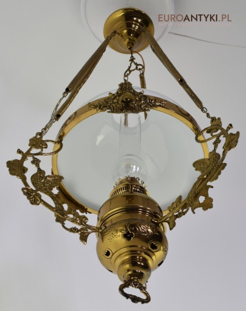 Muzealna lampa naftowa z 1883 roku sufitowa mosiężna prawdziwy antyk MARQUE DEPESEE L&B
