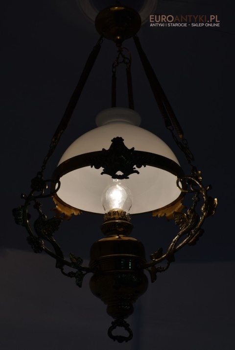 Muzealna lampa naftowa z 1883 roku sufitowa mosiężna prawdziwy antyk MARQUE DEPESEE L&B