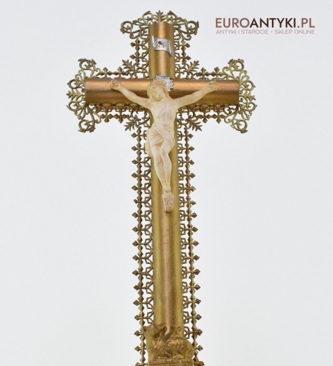 Cylindryczny Jezus Chrystus antyk z francuskiego kościoła INRI zabytkowy krucyfix