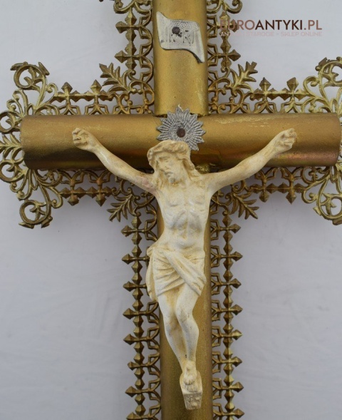 Cylindryczny Jezus Chrystus antyk z francuskiego kościoła INRI zabytkowy krucyfix