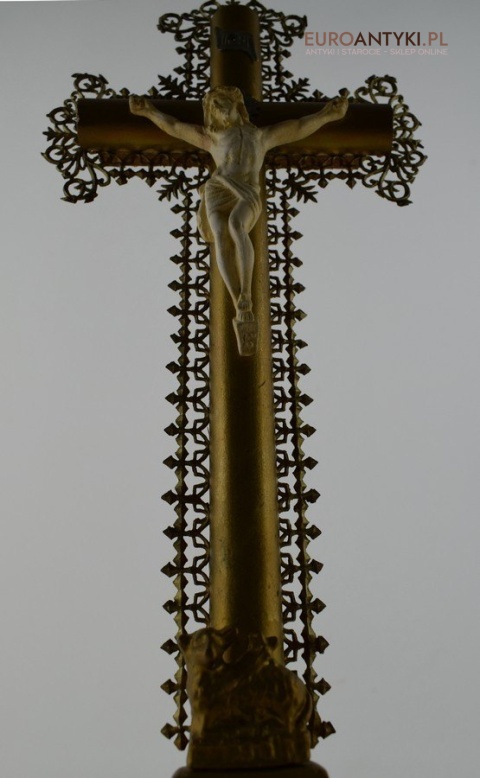 Cylindryczny Jezus Chrystus antyk z francuskiego kościoła INRI zabytkowy krucyfix