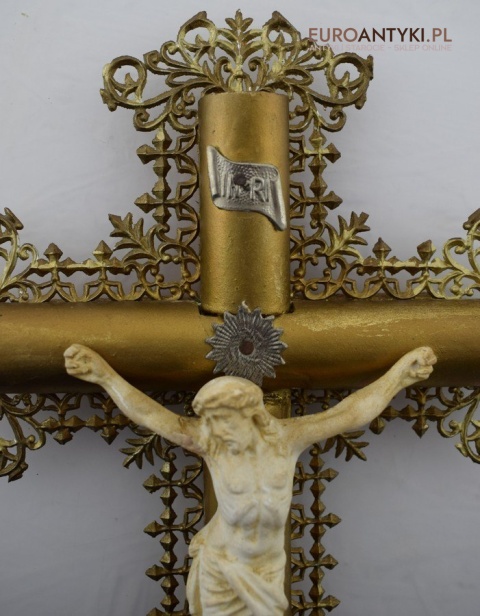 Cylindryczny Jezus Chrystus antyk z francuskiego kościoła INRI zabytkowy krucyfix