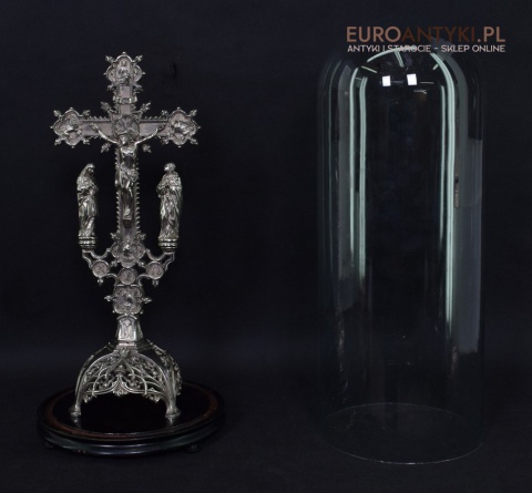 Jezus Chrystus pod szkłem krzyż kościelny na ołtarz do kapicy INRI zabytki katolickie