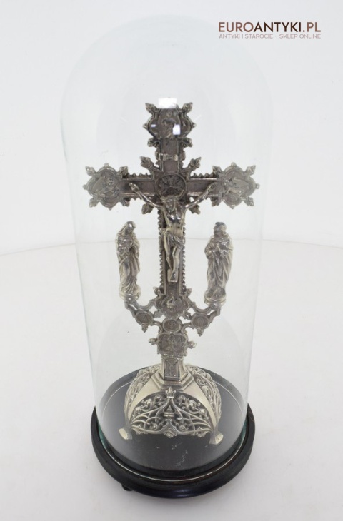 Jezus Chrystus pod szkłem krzyż kościelny na ołtarz do kapicy INRI zabytki katolickie