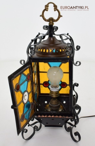 Antyczny lampion z witrażem lampka z lat 1900 muzealny okaz dekoracja vintage do domu