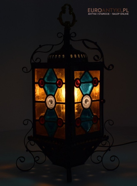 Antyczny lampion z witrażem lampka z lat 1900 muzealny okaz dekoracja vintage do domu