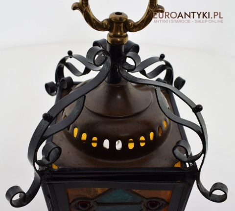 Antyczny lampion z witrażem lampka z lat 1900 muzealny okaz dekoracja vintage do domu
