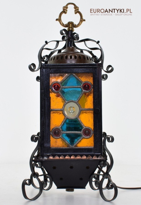 Antyczny lampion z witrażem lampka z lat 1900 muzealny okaz dekoracja vintage do domu