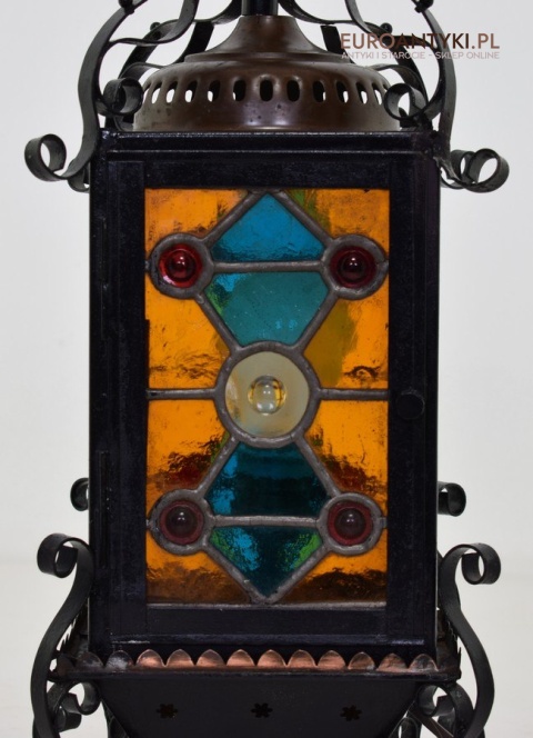 Antyczny lampion z witrażem lampka z lat 1900 muzealny okaz dekoracja vintage do domu