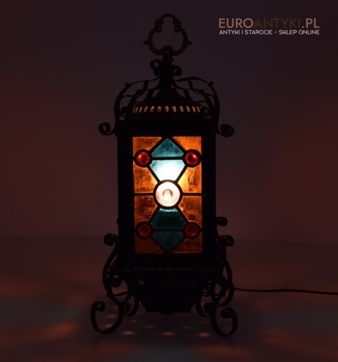 Antyczny lampion z witrażem lampka z lat 1900 muzealny okaz dekoracja vintage do domu