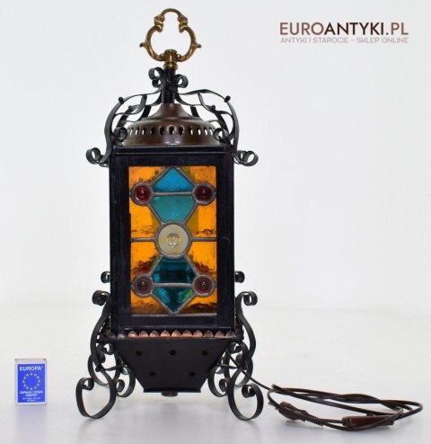 Antyczny lampion z witrażem lampka z lat 1900 muzealny okaz dekoracja vintage do domu