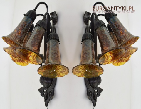 Bursztynowe kinkiety Emile Galle. Zabytkowe secesyjne lampy na ścianę do zamku pałacu dworu