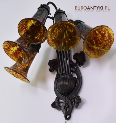 Bursztynowe kinkiety Emile Galle. Zabytkowe secesyjne lampy na ścianę do zamku pałacu dworu