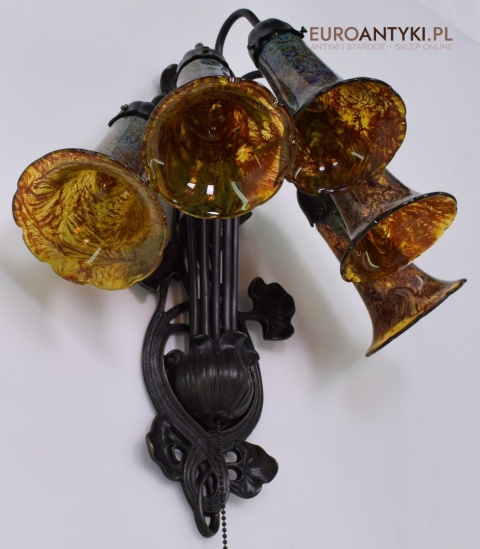 Bursztynowe kinkiety Emile Galle. Zabytkowe secesyjne lampy na ścianę do zamku pałacu dworu