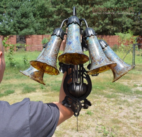 Bursztynowe kinkiety Emile Galle. Zabytkowe secesyjne lampy na ścianę do zamku pałacu dworu