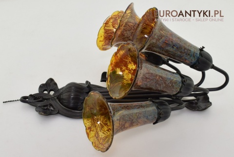 Bursztynowe kinkiety Emile Galle. Zabytkowe secesyjne lampy na ścianę do zamku pałacu dworu