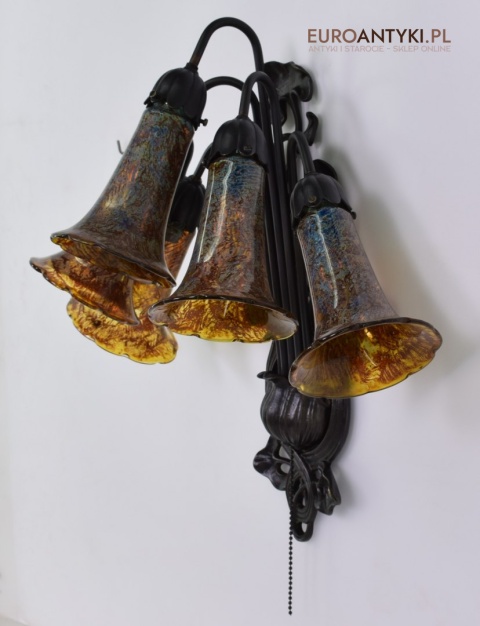 Bursztynowe kinkiety Emile Galle. Zabytkowe secesyjne lampy na ścianę do zamku pałacu dworu